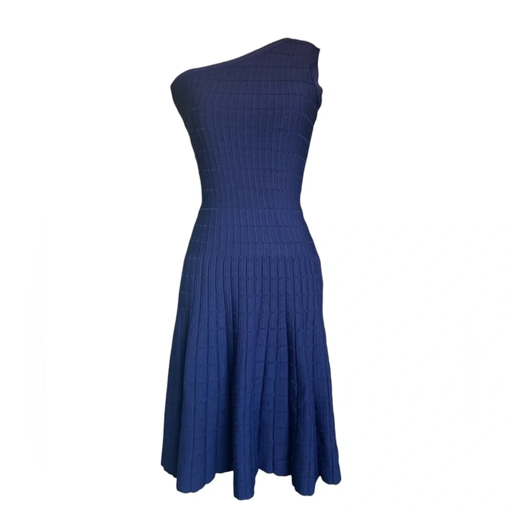 Michael Kors One-Shoulder‎ Knit fit and flare  Skater Dress, Navy Blue Size S